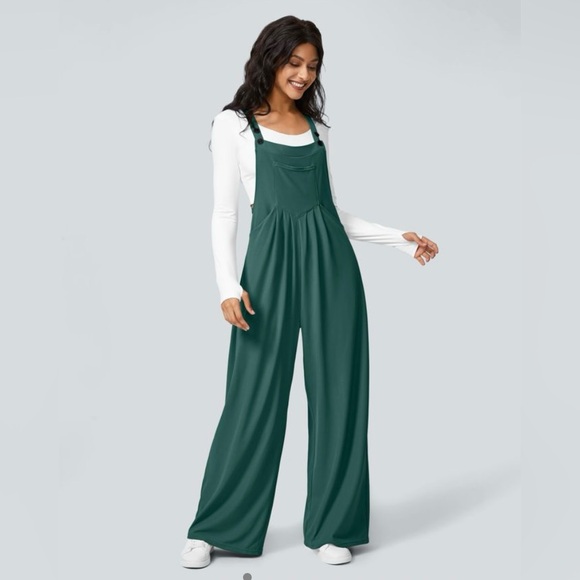 HALARA Forest Green Waffle Knit Overall Jumper Wide Leg Jumpsuit Women’s S - Picture 1 of 13